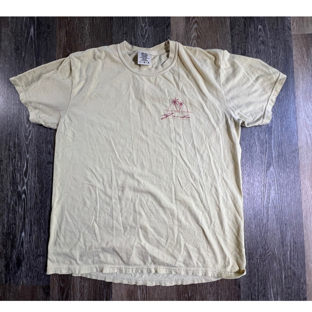 Comfort Colors T-Shirt Mens Large Yellow Aruba Dutch Caribbean Palm Tree Graphic